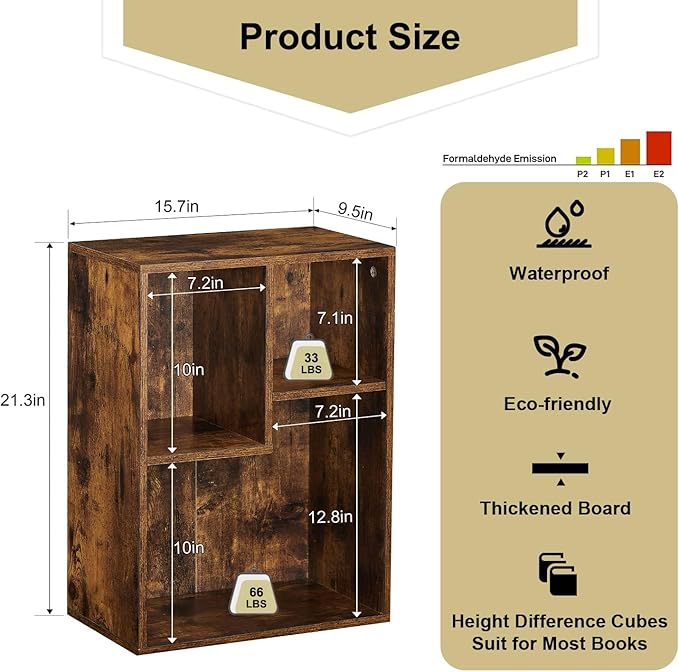 VECELO 3-Cube Small Bookshelf, Modern Bookcases with Shelves Height Up to 12.8 Inches, Suit for Common Size TextBook, Vertical or Horizontal, Cubby Storage Organizer,Rustic Brown - LeafyLoom