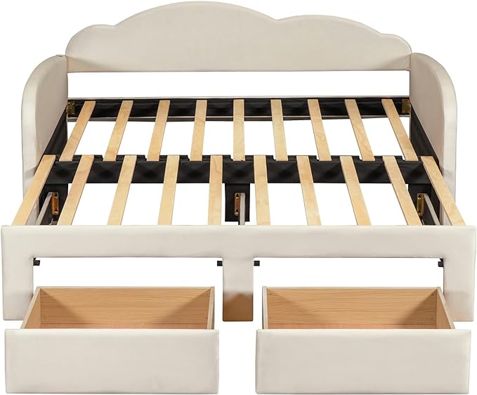 Twin Size Velvet Upholstered Daybed with Cloud-Shaped Backrest and Trundle,Wooden Storage Bed Frame W/Drawers & USB Ports,Convert to King-Size Bed,for Living Room Apartment Beige - LeafyLoom