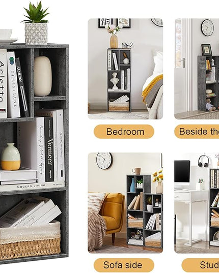 VECELO Small Bookshelf, 4 Cube Slim Bookcase, Fits Tallest Hardcovers, Horizontal Available, Modern Floor Standing Unit, Each Shelf Hold Up to 66 LBS, Modern Gray - LeafyLoom