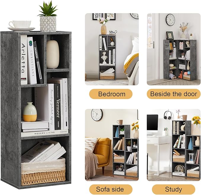 VECELO Small Bookshelf, 4 Cube Slim Bookcase, Fits Tallest Hardcovers, Horizontal Available, Modern Floor Standing Unit, Each Shelf Hold Up to 66 LBS, Modern Gray - LeafyLoom