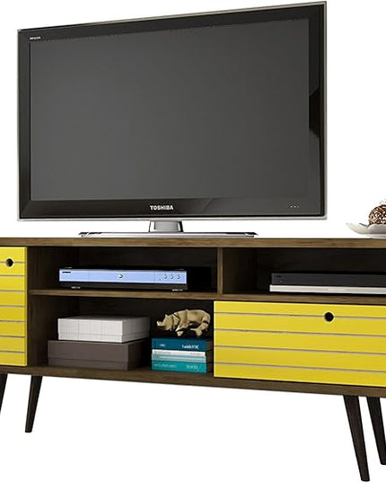 Manhattan Comfort Liberty Mid Century Modern TV Stand for Televisions up to 65 Inches, Bedroom and Living Room Entertainment Center with Storage, Shelves, and Cabinet, 71" Wide, Rustic Brown/Yellow - LeafyLoom