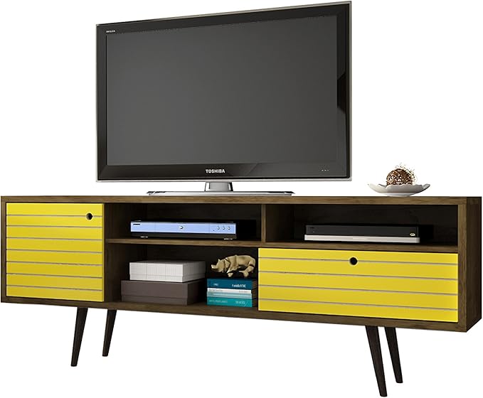 Manhattan Comfort Liberty Mid Century Modern TV Stand for Televisions up to 65 Inches, Bedroom and Living Room Entertainment Center with Storage, Shelves, and Cabinet, 71" Wide, Rustic Brown/Yellow - LeafyLoom