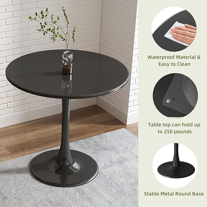 Black Round Table Modern Dining Table Tulip Round Kitchen Table Mid Century Coffee Table for Living Room 24 inch - LeafyLoom