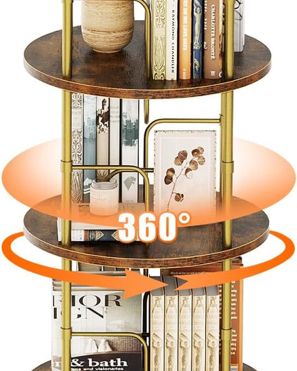 Rotating Bookshelf, 4 Tier Spinning Bookshelf Tower, 360° Display Unique Round Bookcase, Floor Standing Corner Revolving Bookshelf Storage Organizer for Small Spaces, Home Study Office, Gold - LeafyLoom