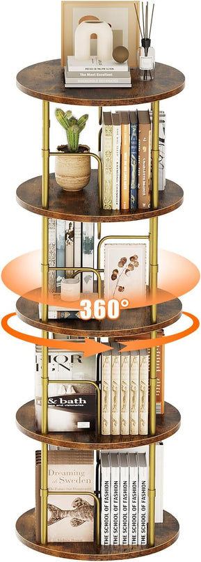 Rotating Bookshelf, 4 Tier Spinning Bookshelf Tower, 360° Display Unique Round Bookcase, Floor Standing Corner Revolving Bookshelf Storage Organizer for Small Spaces, Home Study Office, Gold - LeafyLoom