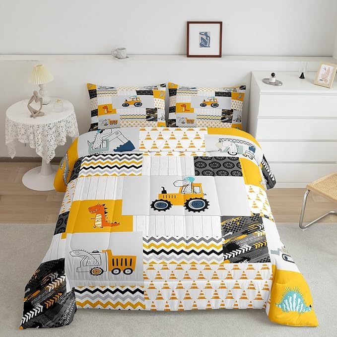 Construction Comforter Set Full Size Kids Cartoon Car Excavator Tractor Toddler Comforter Equipment Trucks Plaid Grid Yellow Comforter Set Construction Vehicles Duvet Set Quilt Set - LeafyLoom