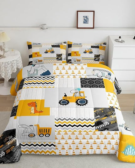 Feelyou Construction Comforter Set Queen Size Kids Cartoon Car Excavator Tractor Toddler Comforter Equipment Trucks Plaid Grid Yellow Comforter Set Construction Vehicles Duvet Set Quilt Set - LeafyLoom