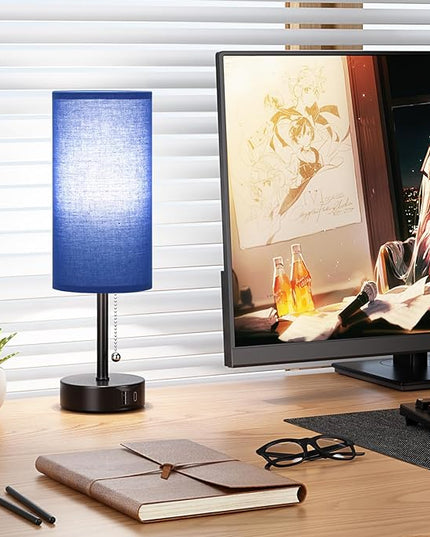 Blue Table Bedside Lamp for Bedroom Nightstand - Small Lamp with USB A + C Charging Port, 3 Color Temperatures Pull Chain Night Stand Light with Bulb, Side Table Desk Reading Lamp for Living Room - LeafyLoom