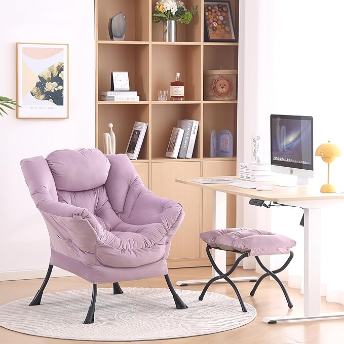 LITA Lazy Chair with Ottoman, Modern Accent Leisure Upholstered Sofa Chair, Contemporary Lounge Reading Chair with Armrests and a Side Pocket for Living Room, Bedroom & Small Space - LeafyLoom