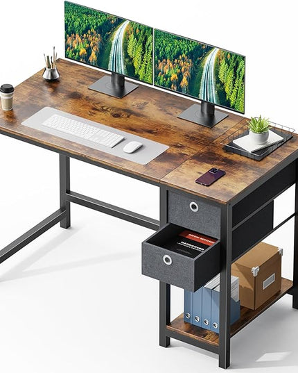 SMUG Computer Desk with Storage Drawers, 47 Inch Small Office Desk Modern Simple Workstation Study Writing Table for Home Bedroom, Rustic Brown - LeafyLoom