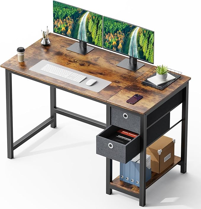 SMUG Computer Desk with Storage Drawers, 47 Inch Small Office Desk Modern Simple Workstation Study Writing Table for Home Bedroom, Rustic Brown - LeafyLoom