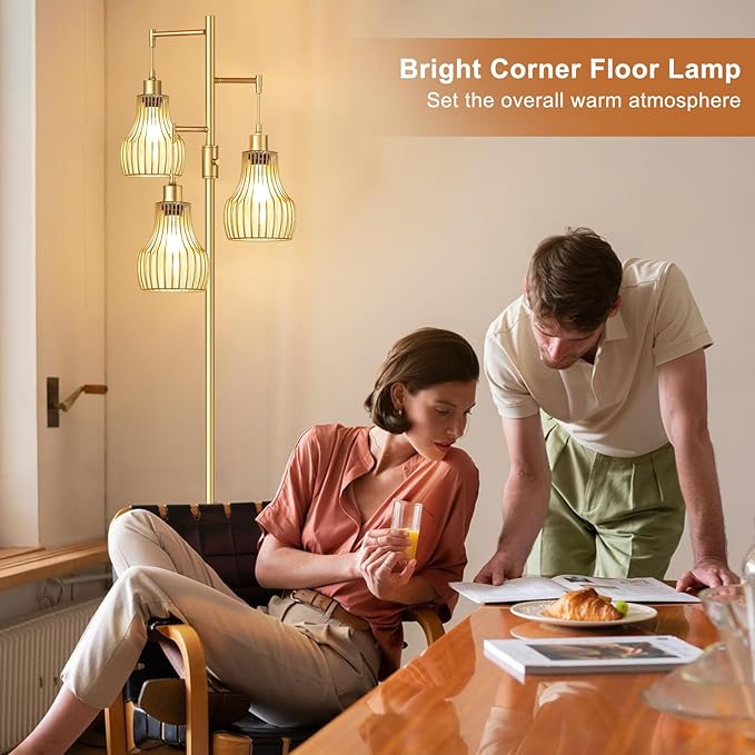 Dimmable Gold Floor Lamps for Living Room, Industrial Tree Standing Tall Lamps with 3 Elegant Cage Shade & 800 Lumens LED Bulbs for Bedroom Office - LeafyLoom