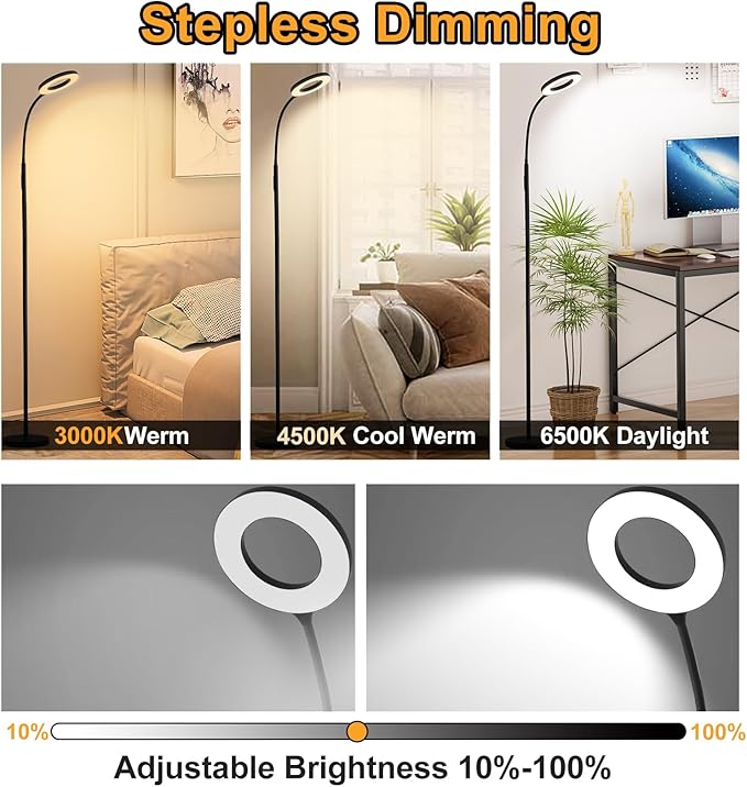 LED Floor Lamp, Bright 18W Floor Lamps for Living Room with 1H Timer, Stepless Adjustable 2700-6500K Colors & Brightness Tall Standing Lamp with Remote & Touch Control Reading Floor Lamps - LeafyLoom