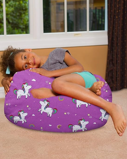 Posh Creations Bean Bag Chair for Kids, Teens, and Adults Includes Removable and Machine Washable Cover, 27in - Medium, Canvas Unicorn and Rainbows on Purple - LeafyLoom