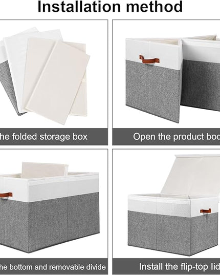 Large Toy Storage Box with Lid, Sturdy Toys Storage Chest Bin Organizer Basket with Dividers for Kids, Boys, Girls, Nursery, Closet, Bedroom, Playroom 26"x17" x17" (Grey and White) - LeafyLoom