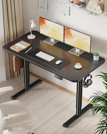 Electric Standing Desk Adjustable Height Stand Up Desk, 48" x 24" Sit Stand Desk, Low Noise Home Office Desk, Computer Desk with Splice Board, Child Lock & Memory Function, Black - LeafyLoom