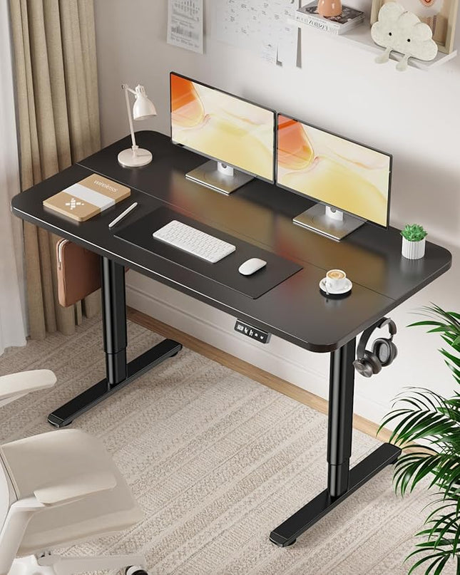Electric Standing Desk Adjustable Height Stand Up Desk, 48" x 24" Sit Stand Desk, Low Noise Home Office Desk, Computer Desk with Splice Board, Child Lock & Memory Function, Black - LeafyLoom