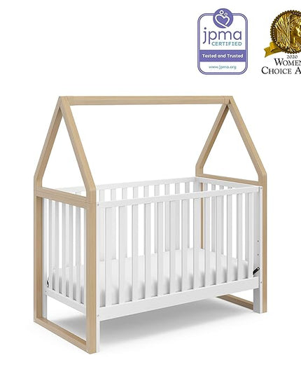 Storkcraft Orchard 5-in-1 Convertible Crib (White with Driftwood) – GREENGUARD Gold Certified, Canopy Style Baby Crib, Converts from Crib to Toddler Bed, Daybed and Full-Size Bed - LeafyLoom
