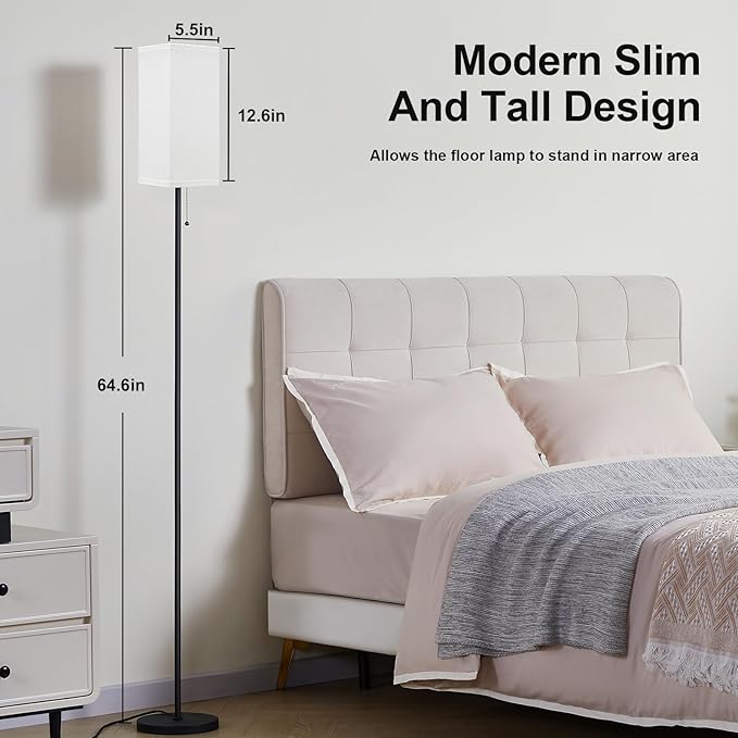 Floor Lamps for Living Room Modern - 3 Color Temperature Black Standing Lamps with Pull Chain Switch, Tall Lamp for Office Home Nursery and Hotel, Pole Lamp with White Lampshade for Reading - LeafyLoom