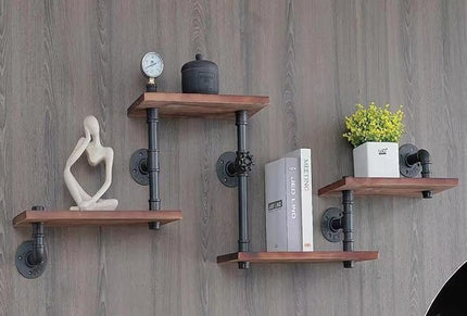 Industrial Rustic Modern Solid Wood Ladder Pipe Wall Mounted Floating Shelves – 4 Tiers Bookshelf,DIY Storage Shelving,Hung Bracket,Bookcases - LeafyLoom