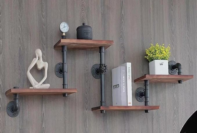 Industrial Rustic Modern Solid Wood Ladder Pipe Wall Mounted Floating Shelves – 4 Tiers Bookshelf,DIY Storage Shelving,Hung Bracket,Bookcases - LeafyLoom