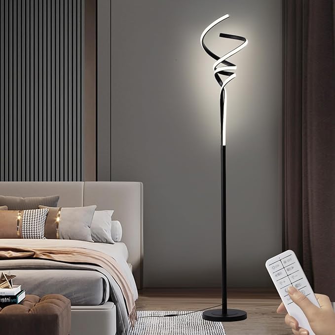 Modern Spiral Floor Lamps for Living Room, LED Spiral Floor Lamp 48W Tall Standing Lamp Timing 63"-67" Adjustable Height 3 Color Dimable Corner Black Floor Lamps for Bedroom Office - LeafyLoom