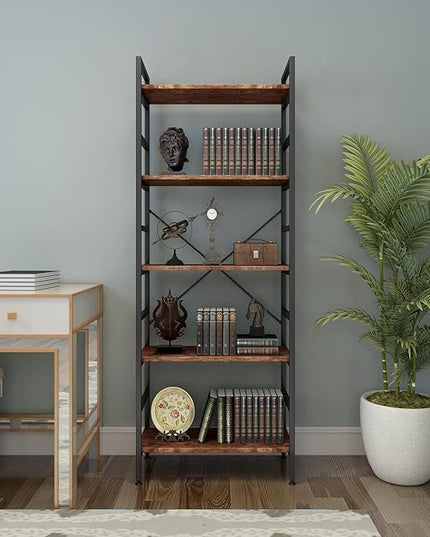 5 Tier Tall BookShelf,Bookcase with Steel Frame,Home Office Modern Bookcase Shelf for Bedroom/Living Room/Home Office - Rustic Brown Storage Rack for Books,Garage Kit, CDs and Movies - LeafyLoom