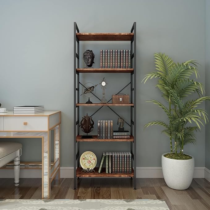 5 Tier Tall BookShelf,Bookcase with Steel Frame,Home Office Modern Bookcase Shelf for Bedroom/Living Room/Home Office - Rustic Brown Storage Rack for Books,Garage Kit, CDs and Movies - LeafyLoom
