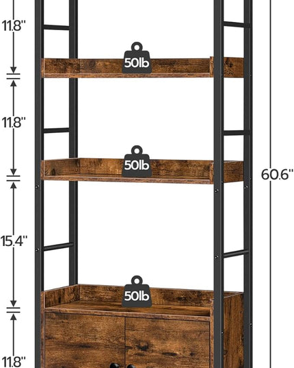 HOOBRO 4-Tier Bookshelf with Doors, Industrial Wooden Bookcase with Storage, Storage Shelf with Protective Rails, for Living Room, Home Office, Rustic Brown and Black BF46SJ01 - LeafyLoom
