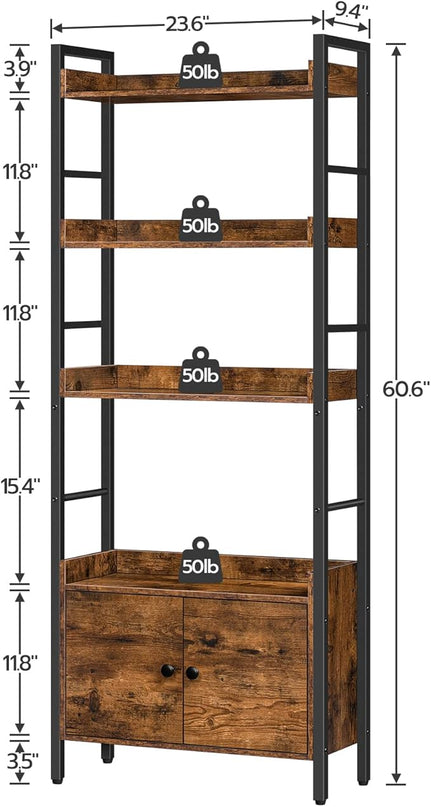 HOOBRO 4-Tier Bookshelf with Doors, Industrial Wooden Bookcase with Storage, Storage Shelf with Protective Rails, for Living Room, Home Office, Rustic Brown and Black BF46SJ01 - LeafyLoom