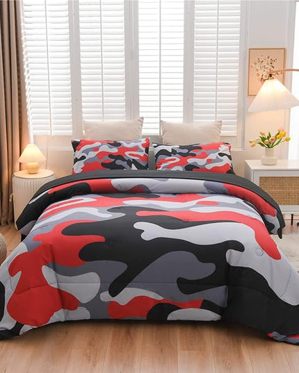 Meeting Story Camouflage Bedding Set, Colorful Pattern Style Comforter Set, 5 PCS One Comforter Two Pillowcases Two Sheets in One Bag, All Season Bedspread for Kids Teens Adults (Black, Twin 5Pcs) - LeafyLoom