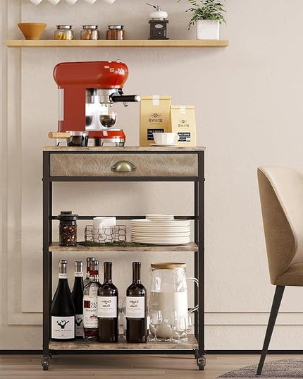 X-cosrack Coffee Bar Cart with Storage, 3-Tier Coffee Table with Drawer for Home Buffets & Sideboards,Coffee Station Corner Table with Rolling Wheels for Kichen, Entryway, Living Room-Patent - LeafyLoom