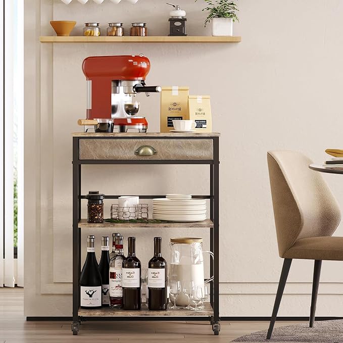 X-cosrack Coffee Bar Cart with Storage, 3-Tier Coffee Table with Drawer for Home Buffets & Sideboards,Coffee Station Corner Table with Rolling Wheels for Kichen, Entryway, Living Room-Patent - LeafyLoom