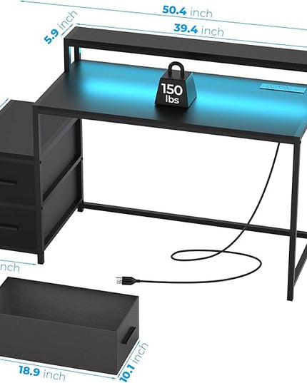 GreenForest Small Desk for Bedroom, 39.4 inch Computer Desk with 2 Drawers, Gaming Desk with LED Light and Power Outlet, Reversible Office Desk with Monitor Stand, Desk for Small Spaces, Black - LeafyLoom
