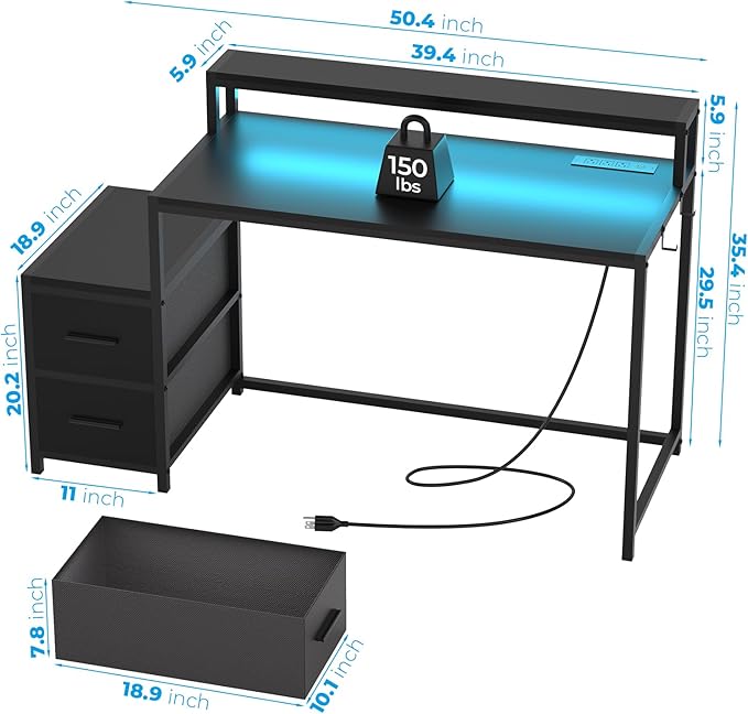 GreenForest Small Desk for Bedroom, 39.4 inch Computer Desk with 2 Drawers, Gaming Desk with LED Light and Power Outlet, Reversible Office Desk with Monitor Stand, Desk for Small Spaces, Black - LeafyLoom