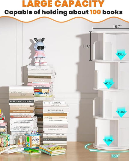 Rotating Bookshelf, Wood Corner Bookshelf, 360 Display Spinning Bookcase Storage Rack, 4 Tier Floor Standing Revolving Bookcase Narrow Book Shelf Organizer for Small Space, Bedroom, White - LeafyLoom