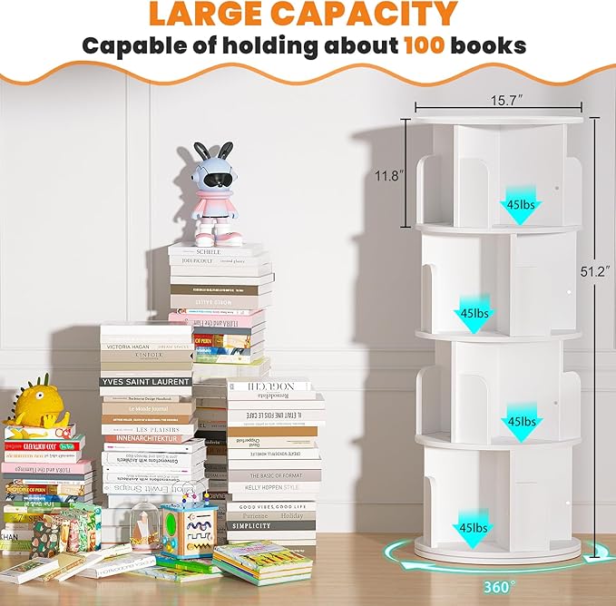 Rotating Bookshelf, Wood Corner Bookshelf, 360 Display Spinning Bookcase Storage Rack, 4 Tier Floor Standing Revolving Bookcase Narrow Book Shelf Organizer for Small Space, Bedroom, White - LeafyLoom