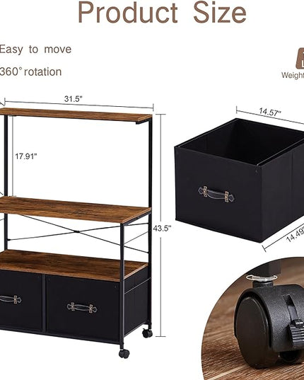 VECELO Mobile Lateral File Cabinet Rolling Printer Stand with 3 Open Storage Shelf, Ideal for Letter Size Folders, with Lockable Casters, Strong Steel Frame, Perfect for Office, 2 Drawer, Brown+Black - LeafyLoom