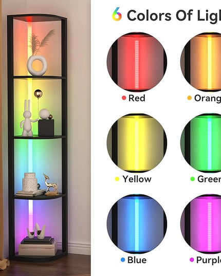 ROJASOP 5 Tiers Corner Shelf with Light Tall Display Shelf for Collectibles Control Multiple Color Lights via APP and Remote Control Floor Lamp with Shelf Supports Dimming for Living Room Bedroom Home - LeafyLoom