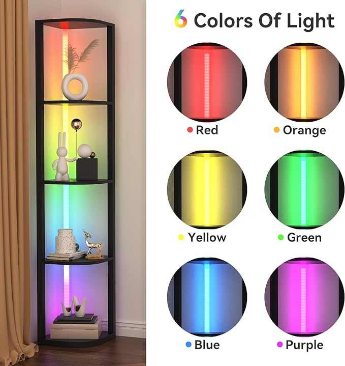ROJASOP 5 Tiers Corner Shelf with Light Tall Display Shelf for Collectibles Control Multiple Color Lights via APP and Remote Control Floor Lamp with Shelf Supports Dimming for Living Room Bedroom Home - LeafyLoom