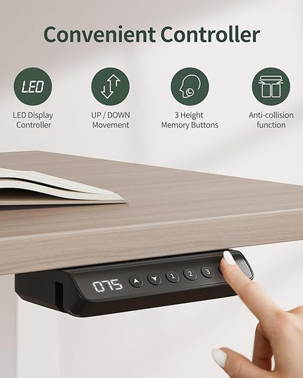 FEZIBO 63" L Shaped Standing Desk with 4 Drawers, Electric Standing Gaming Desk Adjustable Height, Corner Stand up Desk with Splice Board, White Frame/Light Walnut Top - LeafyLoom
