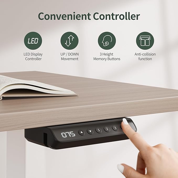 FEZIBO 63" L Shaped Standing Desk with 4 Drawers, Electric Standing Gaming Desk Adjustable Height, Corner Stand up Desk with Splice Board, White Frame/Light Walnut Top - LeafyLoom