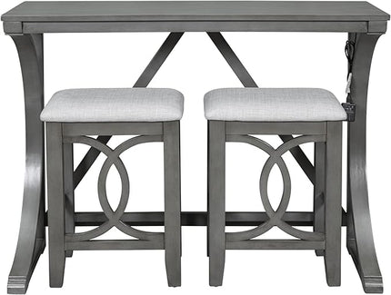 NicBex Kitchen Table for 2 Dining Table 3-Piece Counter Height Dining Table Set with USB Port and Upholstered Stools for Home, Kitchen, Dining Room, Wooden Frame, Gray - LeafyLoom