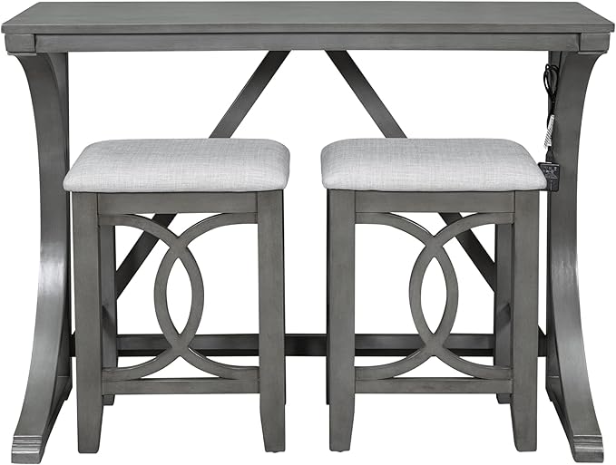 NicBex Kitchen Table for 2 Dining Table 3-Piece Counter Height Dining Table Set with USB Port and Upholstered Stools for Home, Kitchen, Dining Room, Wooden Frame, Gray - LeafyLoom