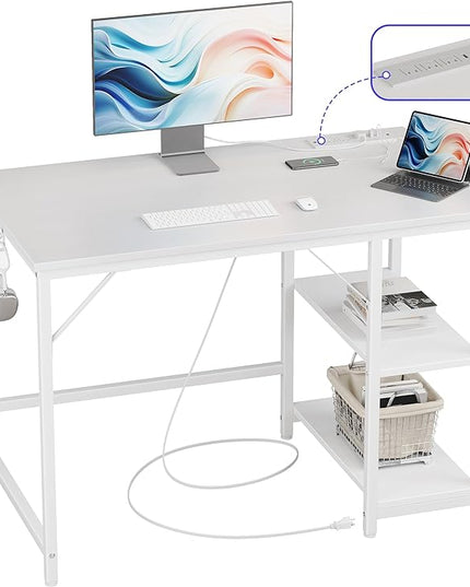 JOISCOPE 40 Inches Small Computer Desk with Table Power Outlets, Home Office Small White Desk with Storage Shelves and USB & Type-C Outlet for Bedroom, Home Office, Morden Simple Writing Table, White - LeafyLoom