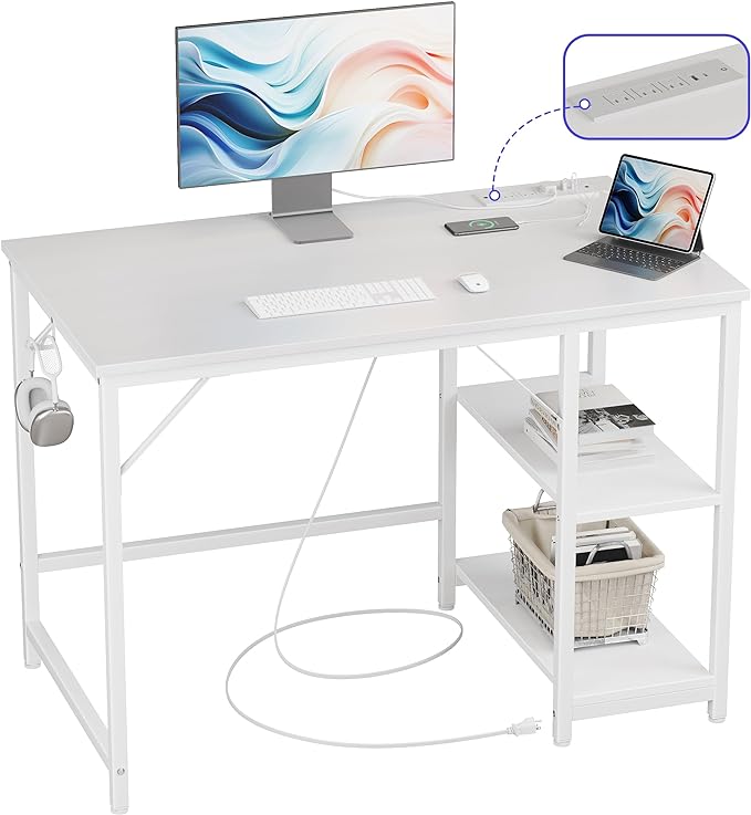 JOISCOPE 40 Inches Small Computer Desk with Table Power Outlets, Home Office Small White Desk with Storage Shelves and USB & Type-C Outlet for Bedroom, Home Office, Morden Simple Writing Table, White - LeafyLoom