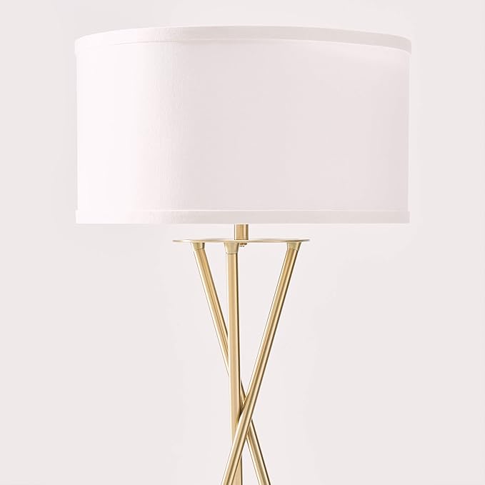 Brightech Jaxon LED Floor lamp, Modern Lamp for Living Rooms & Offices, Tall Lamp with Contemporary Drum Shade, Gold Tripod Standing Lamp for Bedroom Reading, Great Living Room Decor - Brass - LeafyLoom