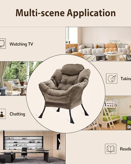 Lazy Chair Thick Padded, Accent Chair Velvet Upholstered with Wide Seat, Stable Metal Frame and Non-Slip Pad, Modern Sofa Armchair with Side Storage Bag for Dorm, Room, Office, Dark Gray - LeafyLoom