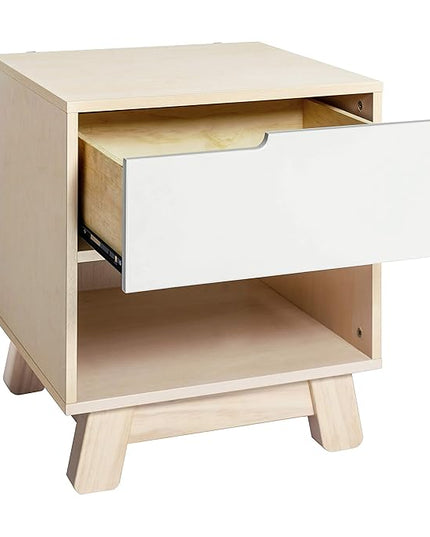 Babyletto Hudson Nightstand with USB Port in Washed Natural and White, 1 Drawer and Storage Cubby - LeafyLoom
