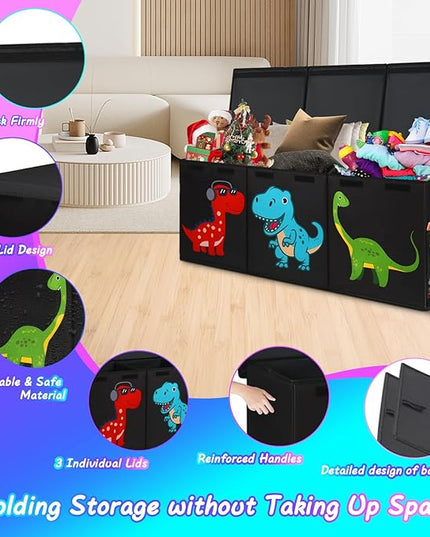 Extra Large Toy Box, Collapsible Sturdy Toy Storage Organizer with Lids, Dinosaur Toy Box for Boys Girls, 41"x14"x16" Kids Toy Chest Bin Box Baskets for Living Room, Playroom, Bedroom, Nursery, Black - LeafyLoom